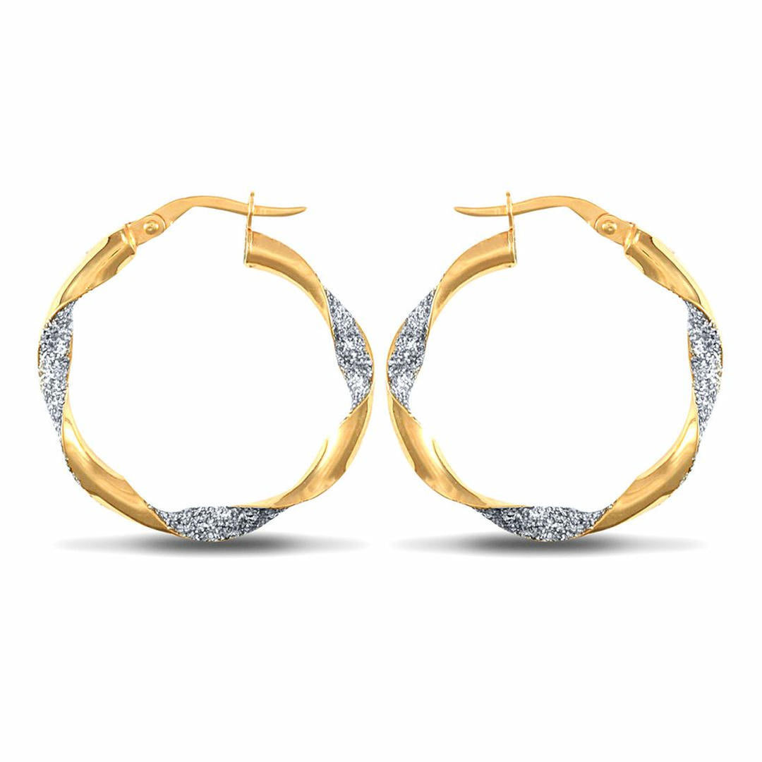 9ct 2-Colour Gold  Ice Glitter Twist 3mm Hoop Earrings 25mm - JER661B