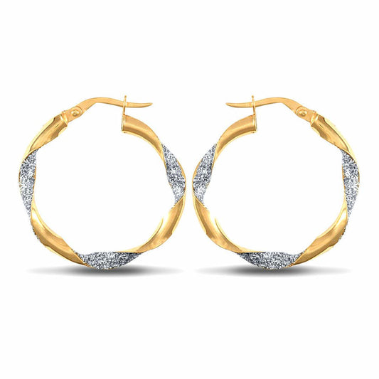 9ct 2-Colour Gold  Ice Glitter Twist 3mm Hoop Earrings 25mm - JER661B