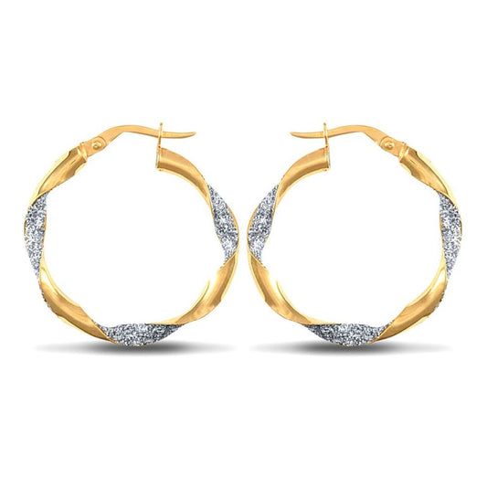9ct 2-Colour Gold  Ice Glitter Twist 3mm Hoop Earrings 25mm - JER661B