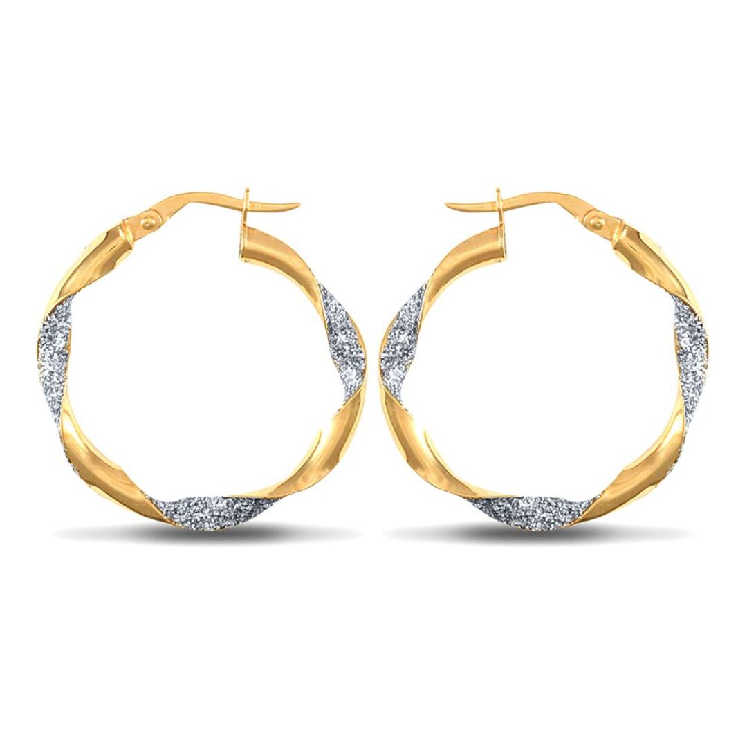 9ct 2-Colour Gold  Ice Glitter Twist 3mm Hoop Earrings 25mm - JER661B