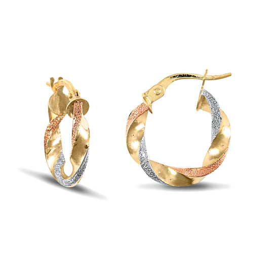 9ct 3-Colour Gold  Frosted Twisted 3mm Hoop Earrings 16mm - JER662A