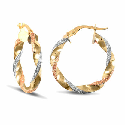 9ct 3-Colour Gold  Frosted Twisted 3mm Hoop Earrings 20mm - JER662B
