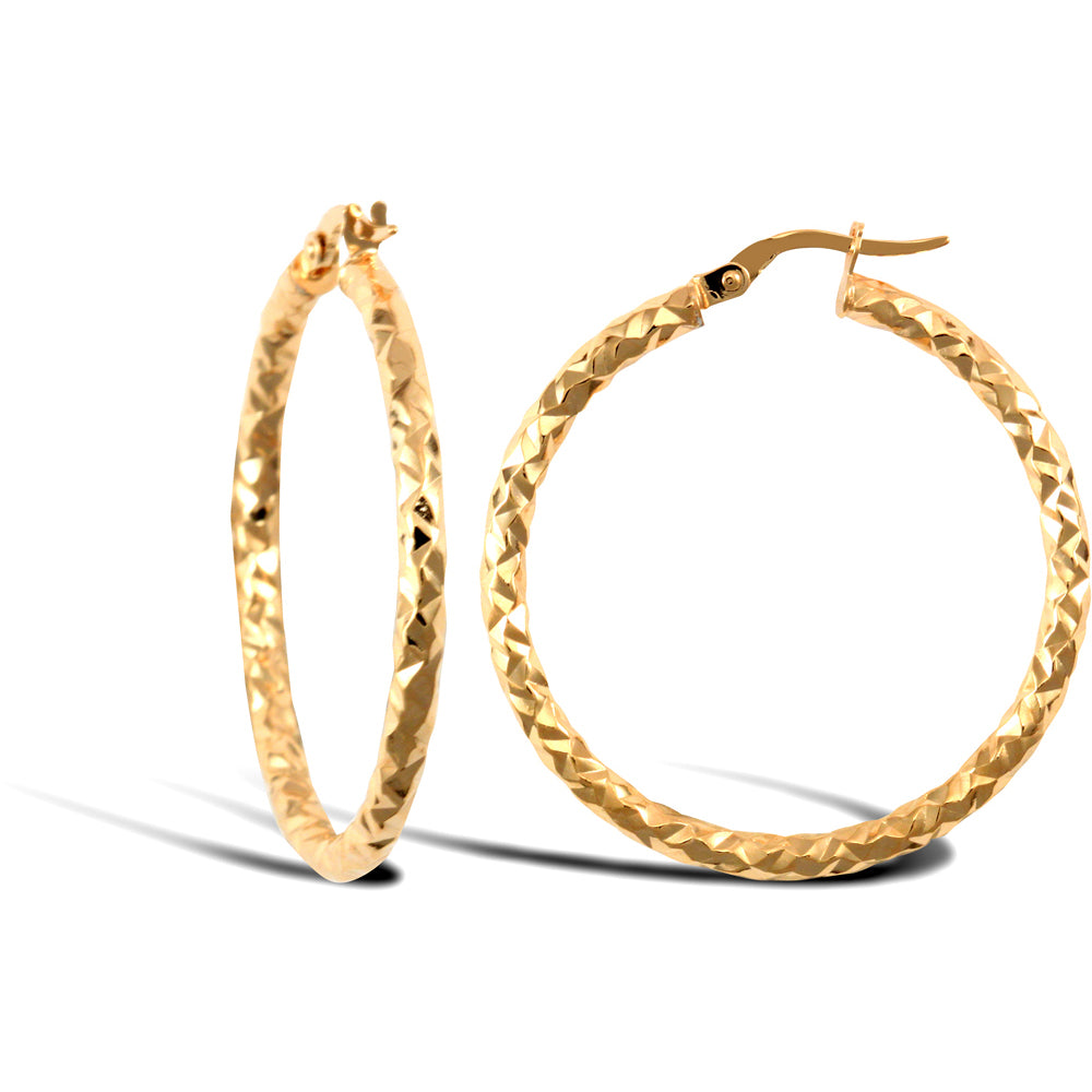Ladies 9ct Gold  Hammered Faceted 2.5mm Hoop Earrings 34mm - JER668D