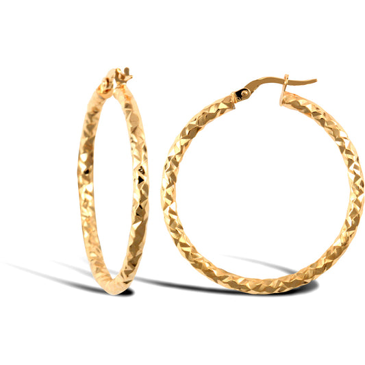 Ladies 9ct Gold  Hammered Faceted 2.5mm Hoop Earrings 34mm - JER668D