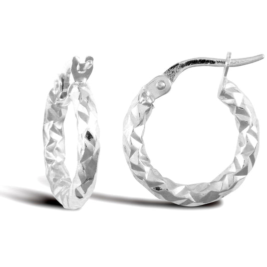 Ladies 9ct White Gold  Hammered Faceted 2.5mm Hoop Earrings 15mm - JER670A