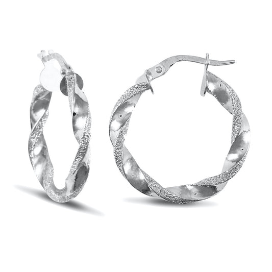 Ladies 9ct White Gold  Frosted Edge Twisted 3mm Hoop Earrings 22mm - JER671B