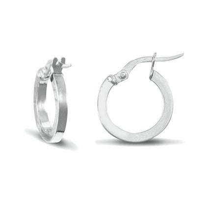 Ladies 9ct White Gold  Square Tube 2mm Hoop Earrings 14mm - JER674A