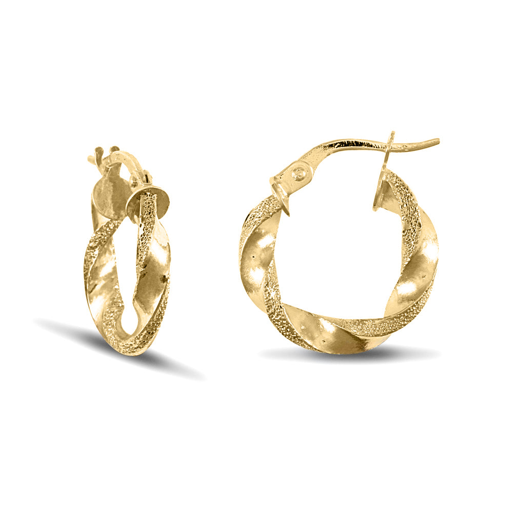 9ct Gold  Frosted Edge Twisted 3mm Hoop Earrings 17mm - JER678A