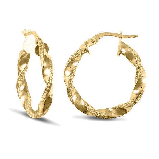 9ct Gold  Frosted Edge Twisted 3mm Hoop Earrings 22mm - JER678B
