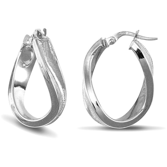 Ladies 9ct White Gold  Frosted Oval Twisted 4mm Hoop Earrings - JER682