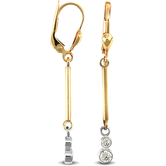 9ct 2-Colour Gold  CZ Dual Stone Bar Drop Earrings - JER705