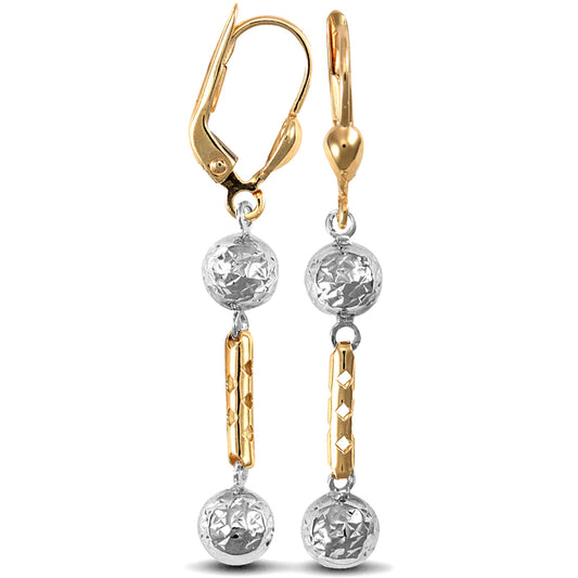Ladies 9ct Yellow and White Gold  Diamond Cut Bead Drop Earrings - JER707
