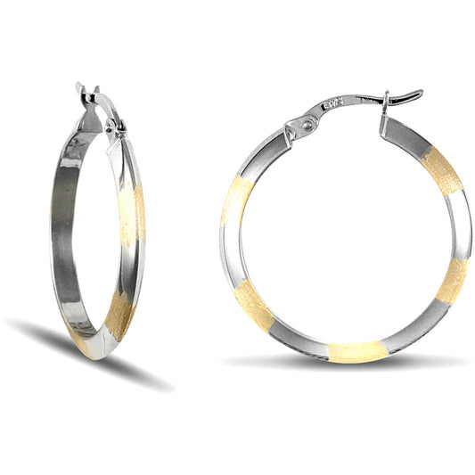 9ct 2-Colour Gold  Frosted Striped 3mm Hoop Earrings 25mm - JER708B