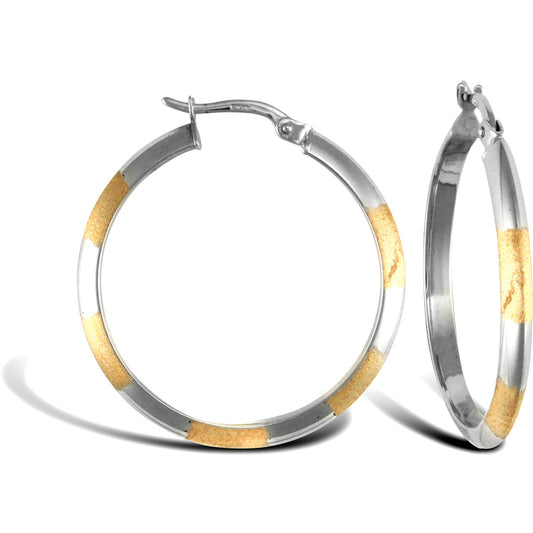 9ct 2-Colour Gold  Frosted Striped 3mm Hoop Earrings 30mm - JER708C
