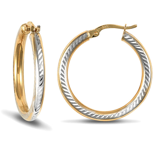 9ct 2-Colour Gold  Diamond Cut Ribbed 3mm Hoop Earrings 26mm - JER710B