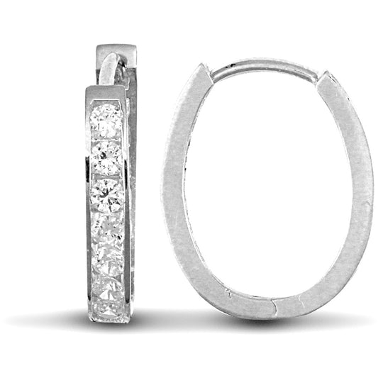 9ct White Gold  CZ Oval Huggie Hoop Earrings - JER715