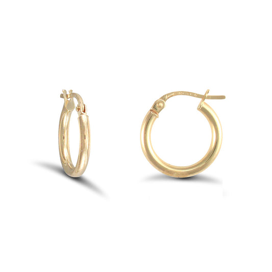 Ladies 9ct Gold  Polished 2mm Hoop Earrings 15mm - JER719A