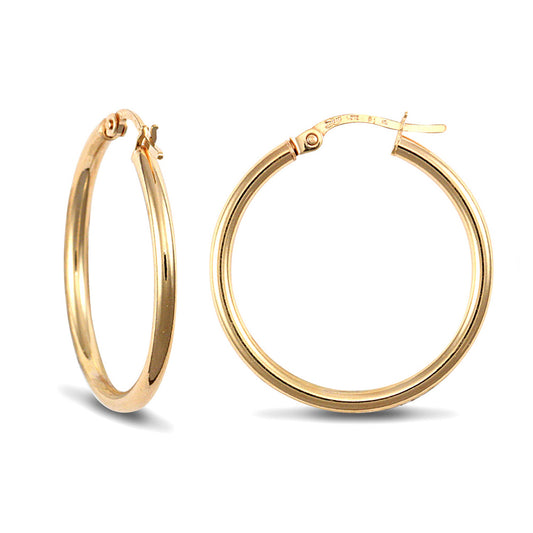 Ladies 9ct Gold  Polished 2mm Hoop Earrings 25mm - JER719C