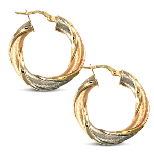 9ct 3-Colour Gold  Frosted Twisted 5mm Hoop Earrings 25mm - JER724A