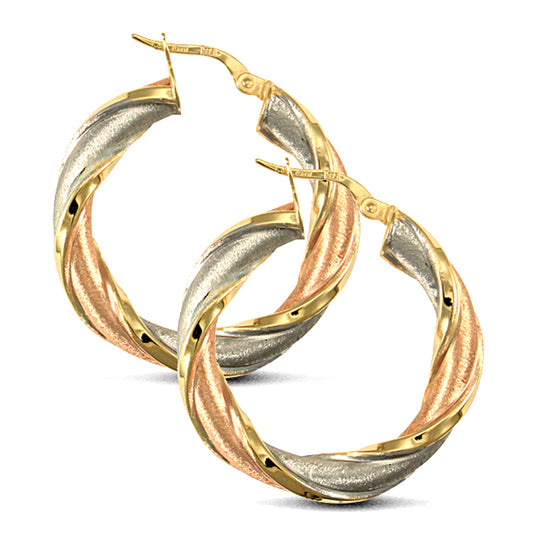 9ct 3-Colour Gold  Frosted Twisted 5mm Hoop Earrings 30mm - JER724B