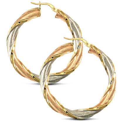 9ct 3-Colour Gold  Frosted Twisted 5mm Hoop Earrings 38mm - JER724C