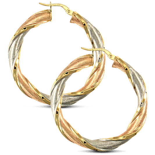 9ct 3-Colour Gold  Frosted Twisted 5mm Hoop Earrings 38mm - JER724C