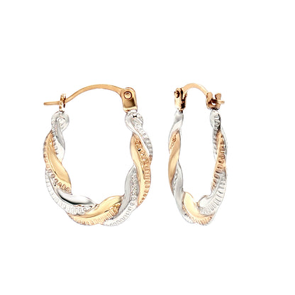 Ladies 9ct Yellow and White Gold  Twisted Platted Creole Earrings - JER733
