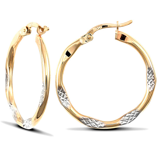 9ct 2-Colour Gold  Diamond Cut Hammered Hoop Earrings 25mm - JER736