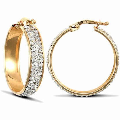 9ct Gold  Crystal 3 Row Eternity 5mm Hoop Earrings 23mm - JER737B