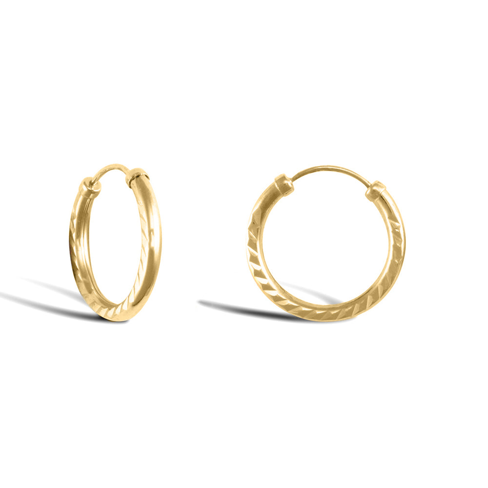 9ct Gold  Diamond Cut Capped Sleeper 1.5mm Hoop Earrings 15mm - JER743A