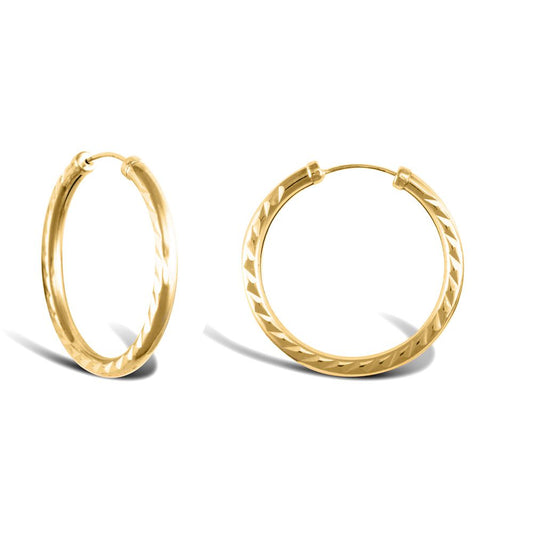 9ct Gold  Diamond Cut Capped Sleeper 2.5mm Hoop Earrings 25mm - JER744C