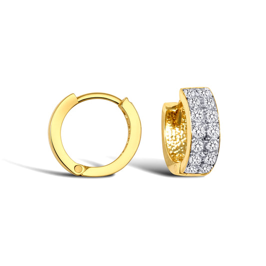 9ct Gold  CZ 2 Row Eternity 4mm Huggie Hoop Earrings 11mm - JER749