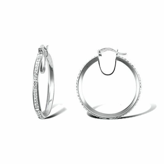 9ct White Gold  Crystal Eternity 3mm Hoop Earrings 31mm - JER754D