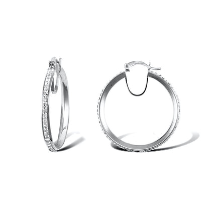 9ct White Gold  Crystal Eternity 3mm Hoop Earrings 31mm - JER754D