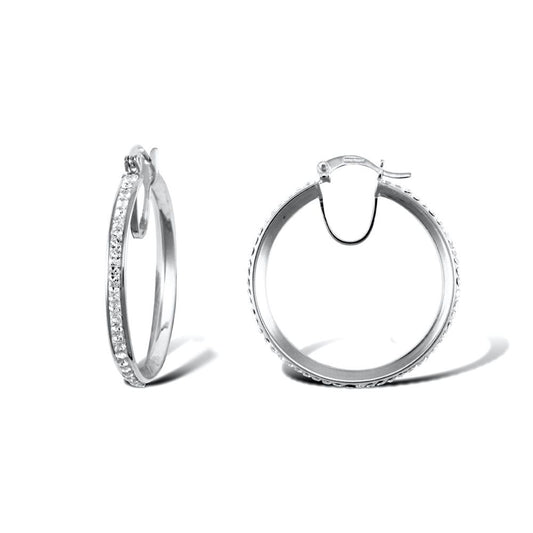 9ct White Gold  Crystal Eternity 3mm Hoop Earrings 31mm - JER754D