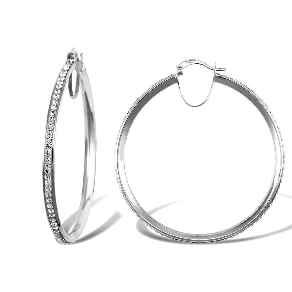 9ct White Gold  Crystal Eternity 3mm Hoop Earrings 40mm - JER754E