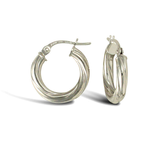Ladies 9ct White Gold  Twisted 3mm Hoop Earrings 15mm - JER757A
