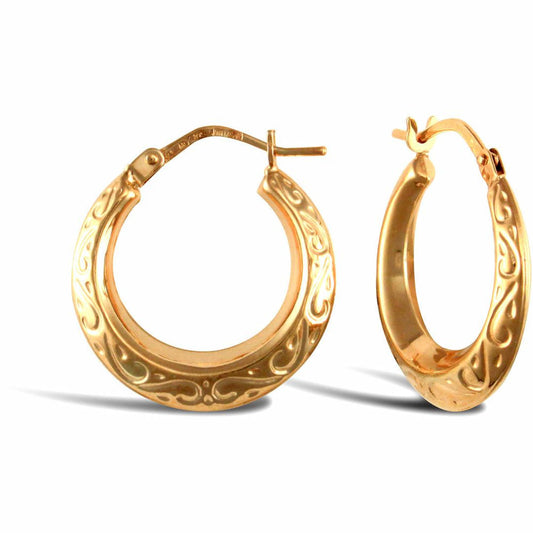 Ladies 9ct Gold  Floral Engraved Creole Earrings 18mm - JER763