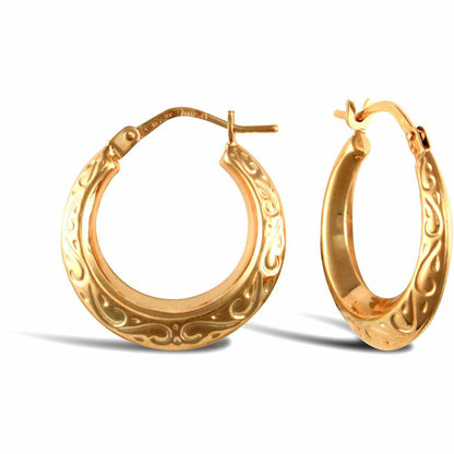 Ladies 9ct Gold  Floral Engraved Creole Earrings 18mm - JER763