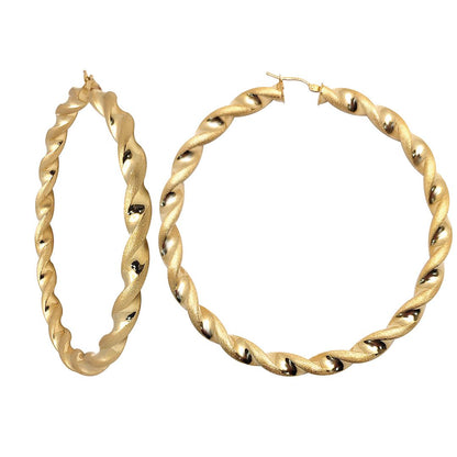 9ct Gold  Frosted Satin Chunky Twist 6mm Hoop Earrings 70mm - JER769C