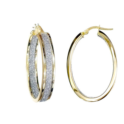 9ct Gold  MoonDust Double Sided 6mm Oval Hoop Earrings 25mm x 35mm - JER772B