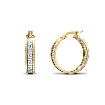 9ct 2-Colour Gold  Frosted Meander Greek Key Hoop Earrings 20mm - JER783A
