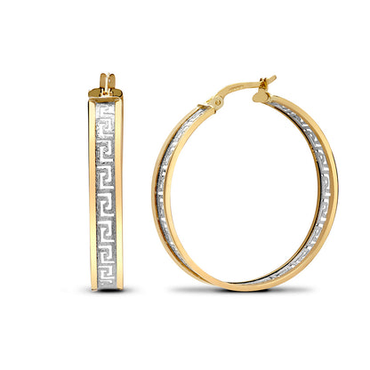 9ct 2-Colour Gold  Frosted Meander Greek Key Hoop Earrings 30mm - JER783B