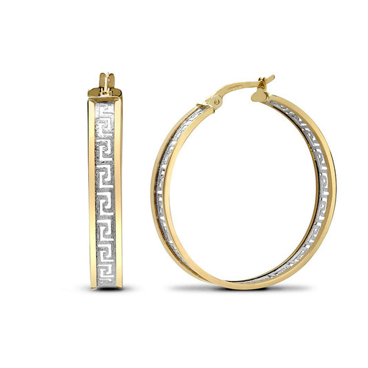 9ct 2-Colour Gold  Frosted Meander Greek Key Hoop Earrings 30mm - JER783B