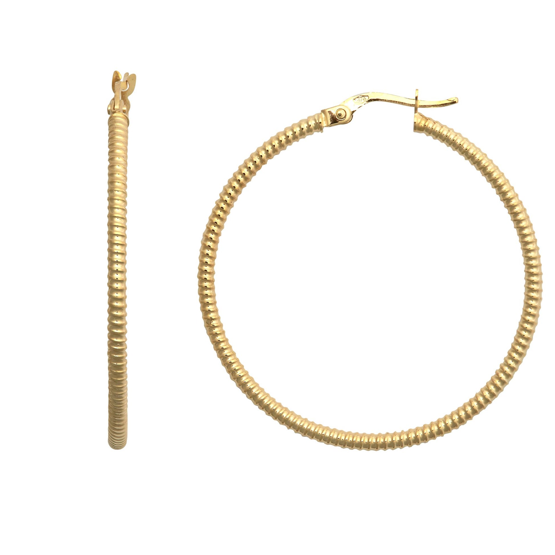 9ct Gold  Ribbed Coiled Twist 1.5mm Hoop Earrings 36mm - JER786E