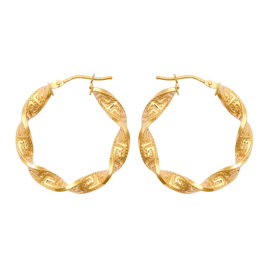 9ct Gold  Greek Key Ribbon Twist 4mm Hoop Earrings 27mm - JER787A