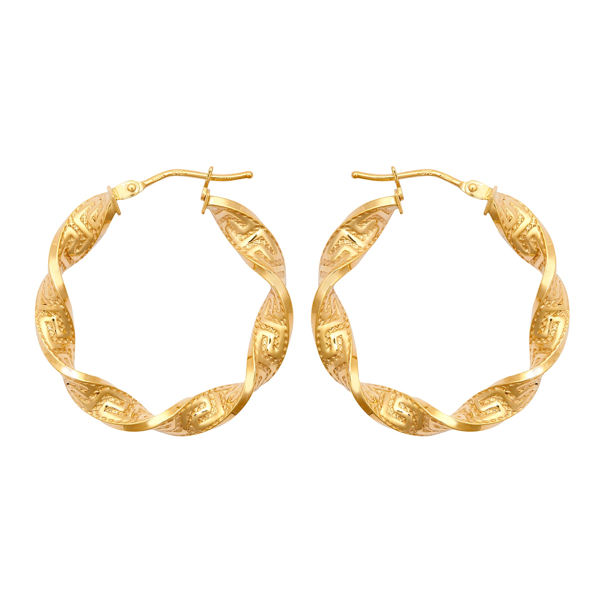 9ct Gold  Greek Key Ribbon Twist 4mm Hoop Earrings 27mm - JER787A