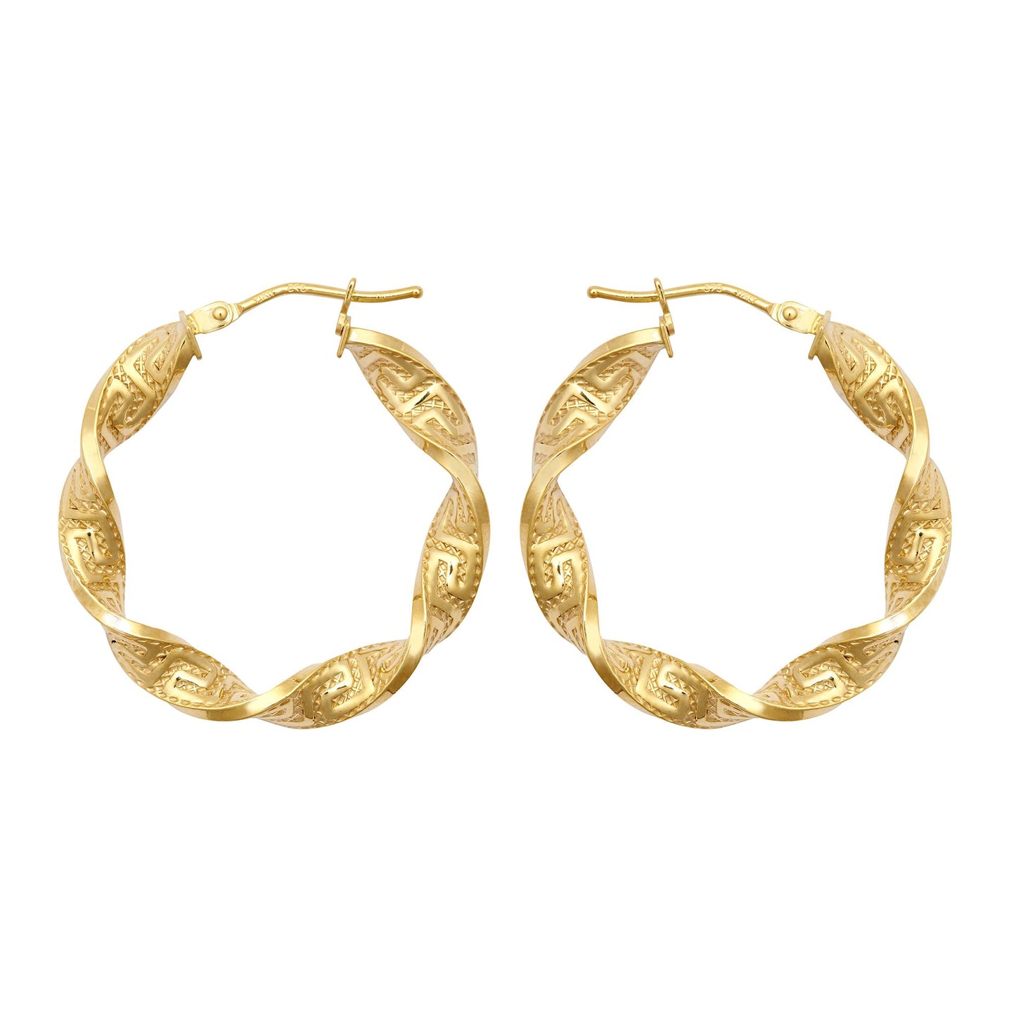 9ct Gold  Greek Key Ribbon Twist 4mm Hoop Earrings 27mm - JER787A
