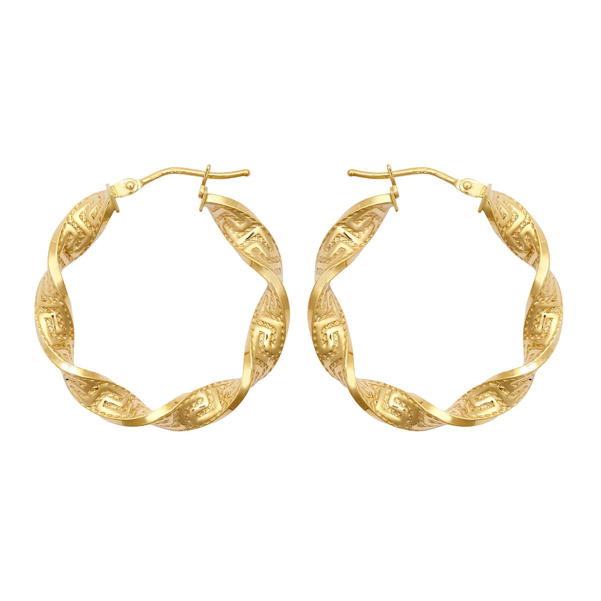 9ct Gold  Greek Key Ribbon Twist 4mm Hoop Earrings 27mm - JER787A