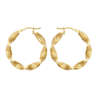 9ct Gold  Greek Key Ribbon Twist 4mm Hoop Earrings 27mm - JER787A
